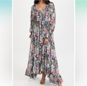 Cinq À Sept Leigh Floral Ruffle Maxi Dress Powder Blue Multi NWOT Size 10